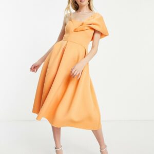 ASOS DESIGN one shoulder pleat front midi prom dress in apricot-Orange