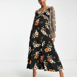 ASOS DESIGN open back midi tea dress in mixed floral prints-Multi