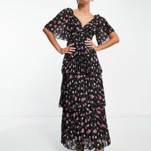 ASOS DESIGN pleated midi dress with tiered skirt in black based pink floral-Multi