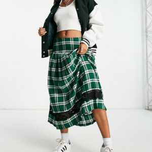 ASOS DESIGN pleated midi kilt skirt with lace insert in green check