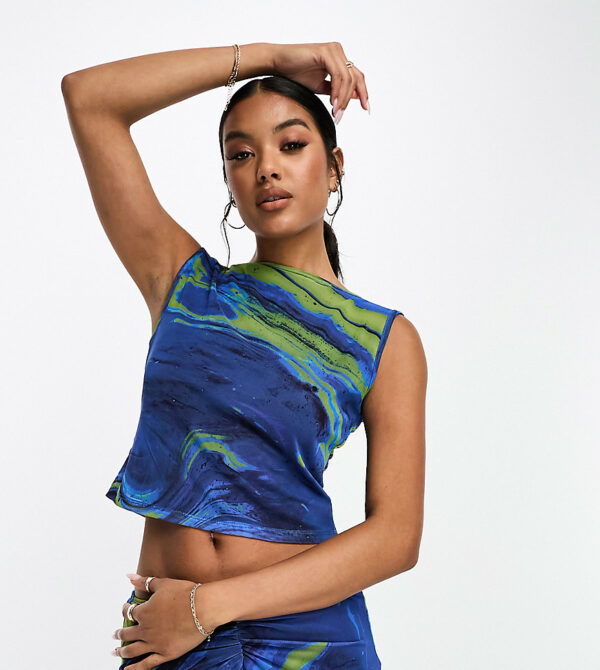 ASOS DESIGN printed mesh slash neck open back top co ord in blue