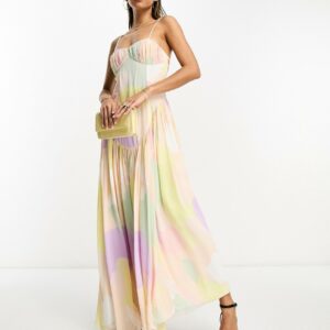 ASOS DESIGN ruched bust backless cami maxi dress with dropped hem in abstract print-Multi