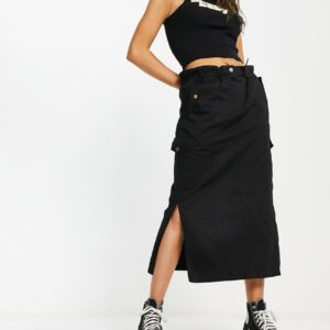 ASOS DESIGN ruched waist midi cargo skirt in black-Grey