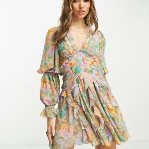 ASOS DESIGN ruched waist plunge mini dress with ruffle skirt and open back detail in blurred floral print-Multi