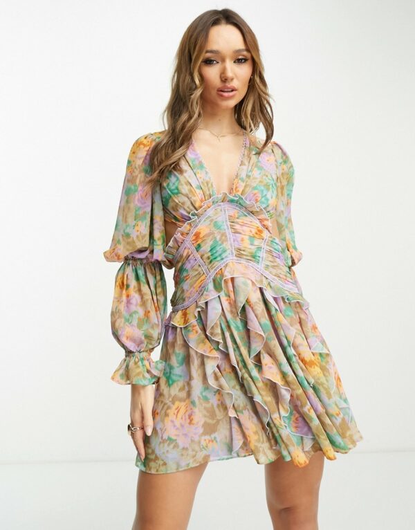 ASOS DESIGN ruched waist plunge mini dress with ruffle skirt and open back detail in blurred floral print-Multi