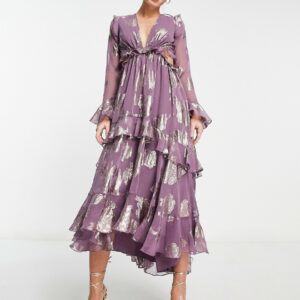 ASOS DESIGN ruffle floral jacquard midi dress with tiered skirt in mauve-Brown