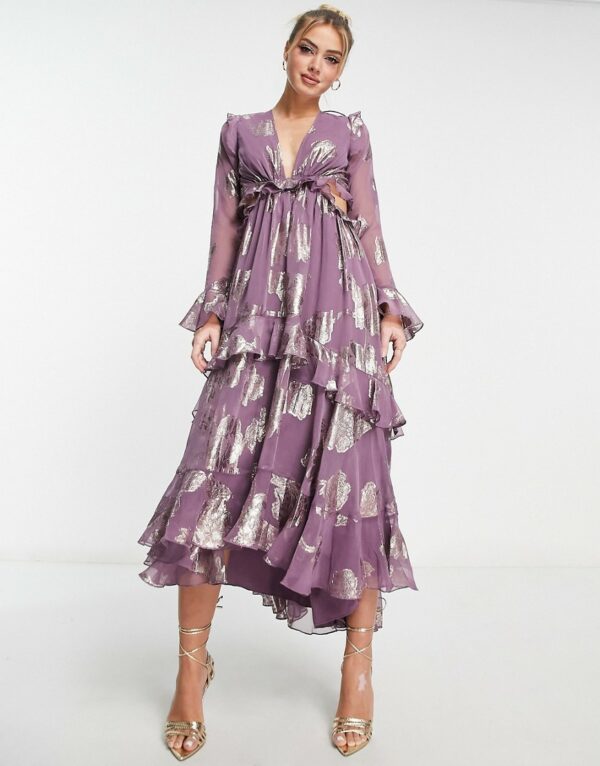 ASOS DESIGN ruffle floral jacquard midi dress with tiered skirt in mauve-Brown