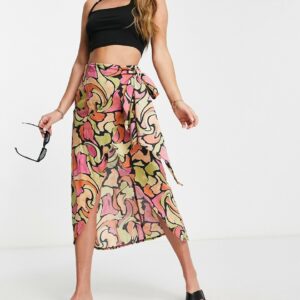 ASOS DESIGN sarong wrap midi skirt in abstract print-Multi