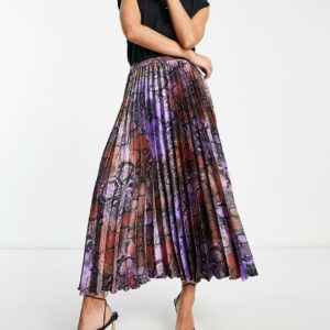 ASOS DESIGN satin pleated midi skirt in purple snake print-Multi