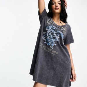 ASOS DESIGN scoop neck swing mini dress with graphic in grey