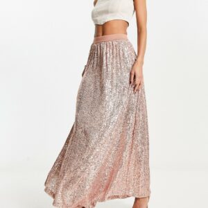 ASOS DESIGN sequin pleated midi skirt in rose gold-Pink