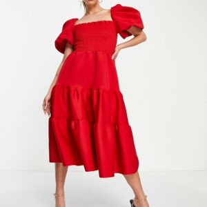 ASOS DESIGN shirred puff sleeve tiered prom midi dress in red