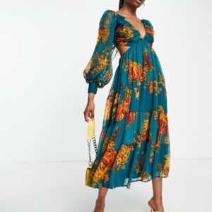 ASOS DESIGN soft pleated bodice midi dress with tiered skirt and lace up back detail in floral print-Multi