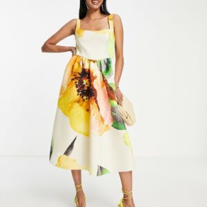 ASOS DESIGN square neck midi prom dress in painted floral print-Multi