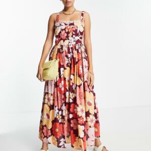 ASOS DESIGN strappy midi skater sundress in bold retro floral-Multi