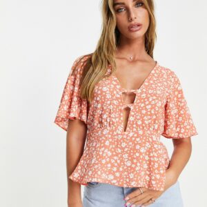 ASOS DESIGN tea blouse with peplum hem and angel sleeve with twist front detail in rust floral-Multi