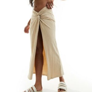 ASOS DESIGN textured sarong twist waist midi skirt in stone-Neutral