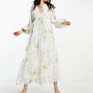 ASOS DESIGN trapeze maxi dress with blouson sleeve in mixed lace print-Multi