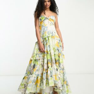 ASOS DESIGN twist front tiered babydoll voile maxi dress with frills and hi low hem in floral print-Multi