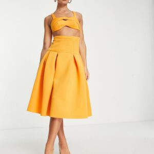 ASOS DESIGN two piece dropped waist pleat midi prom dress in marigold-Yellow