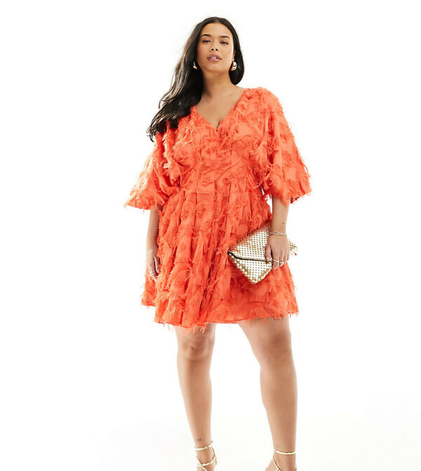 ASOS EDITION Curve textured cinched pleat waist mini dress in coral-Black