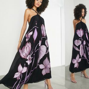 ASOS EDITION halter trapeze midi dress with trailing tulip embroidery in black