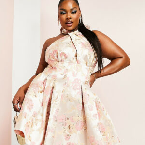 ASOS LUXE Curve halter neck mini jacquard swing dress in pink floral