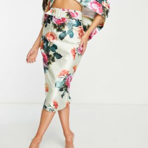 ASOS LUXE co-ord satin midi pencil skirt in floral print-Multi