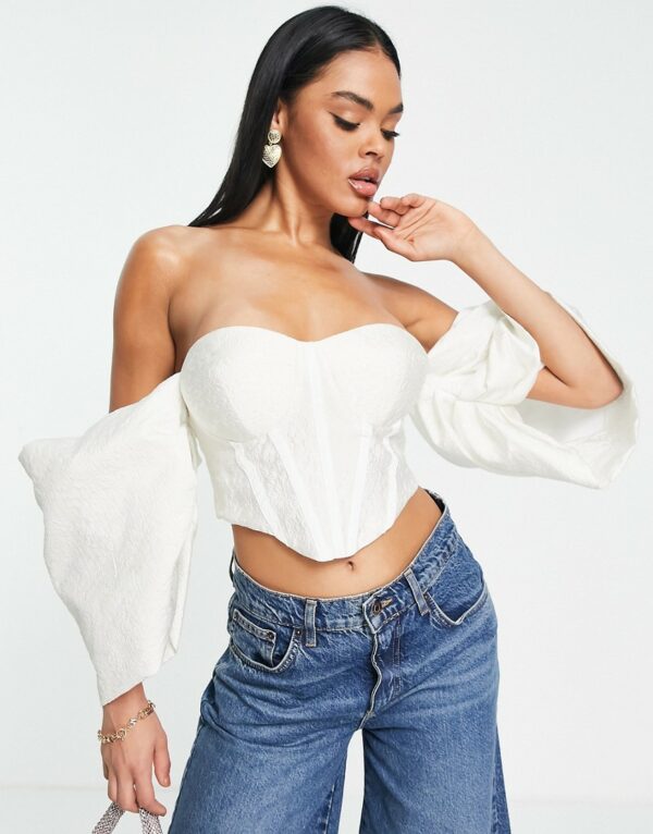 ASOS LUXE extreme bardot sleeve corset top in white