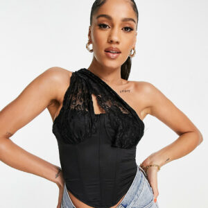 ASYOU asymmetric lace strap corset top in black-Multi