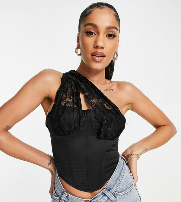 ASYOU asymmetric lace strap corset top in black-Multi