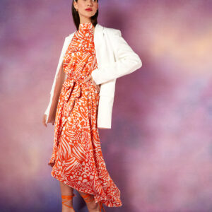 Abstract Print Halter Neck Midi Wrap Dress - 10 / ORANGE