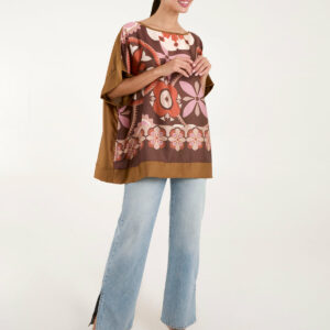 Abstract Printed Satin Printed Oversized Top - ONE / CHOCOLATE