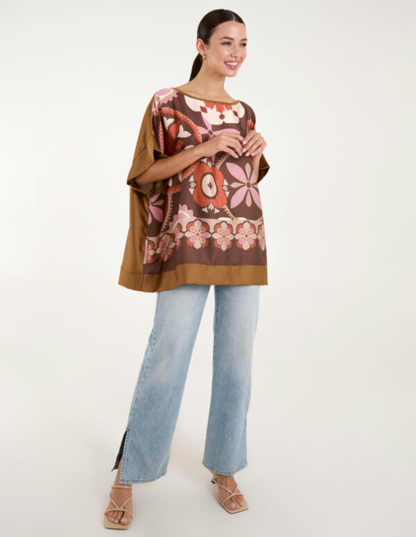 Abstract Printed Satin Printed Oversized Top - ONE / CHOCOLATE