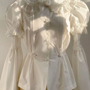 Academic Lolita Blouses White Short Sleeves Bows Pleated Lolita Top Lolita Shirt