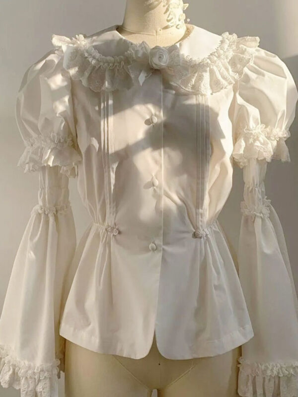 Academic Lolita Blouses White Short Sleeves Bows Pleated Lolita Top Lolita Shirt