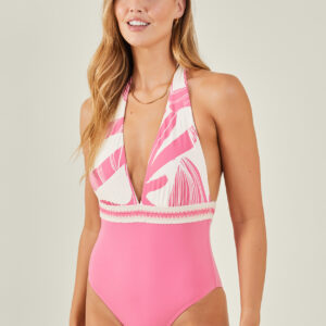 Accessorize Women's Contrast Print Halter Neck Swimsuit Pink, Size: 12