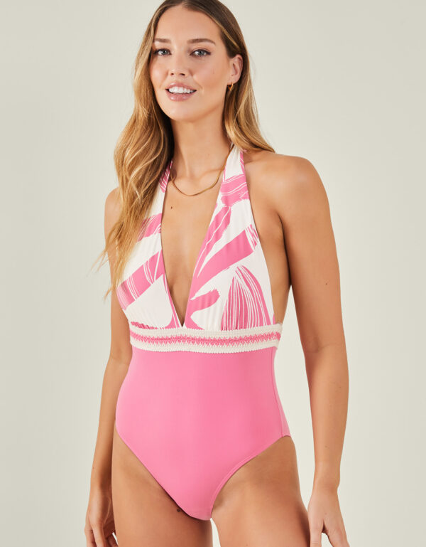 Accessorize Women's Contrast Print Halter Neck Swimsuit Pink, Size: 12