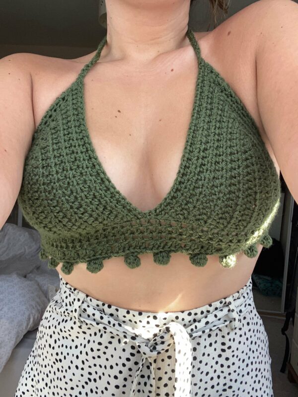 Affordable Handmade Y2K Khaki Crochet Bralette/Crop Top With Pom Border Edge