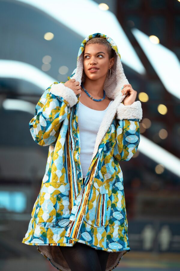 African Coat, Print Winter Coat in Blue Ankara/Parka Made Africa