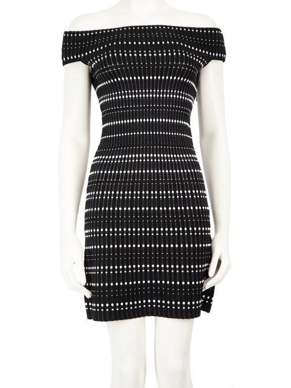 Alexander McQueen FW23 Black Striped Off Shoulder Bodycon Mini Dress