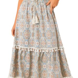 Allegra K Women's Skirts, Vintage Printed Elastic Waist Tiered Blue XL