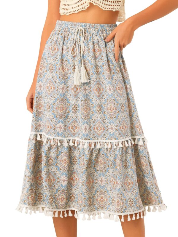 Allegra K Women's Skirts, Vintage Printed Elastic Waist Tiered Blue XL