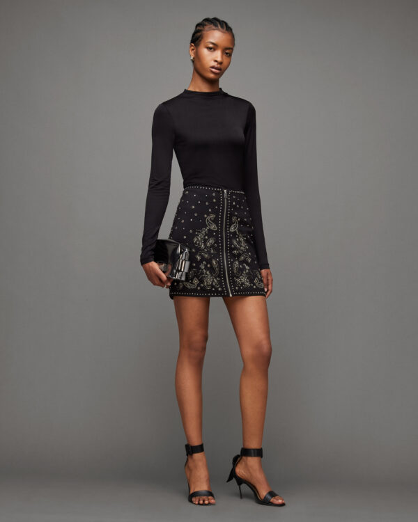 Allsaints Cassidy Zip Up Embellished Mini Skirt