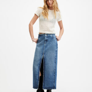 Allsaints Cyra Frayed Waistband Maxi Denim Skirt