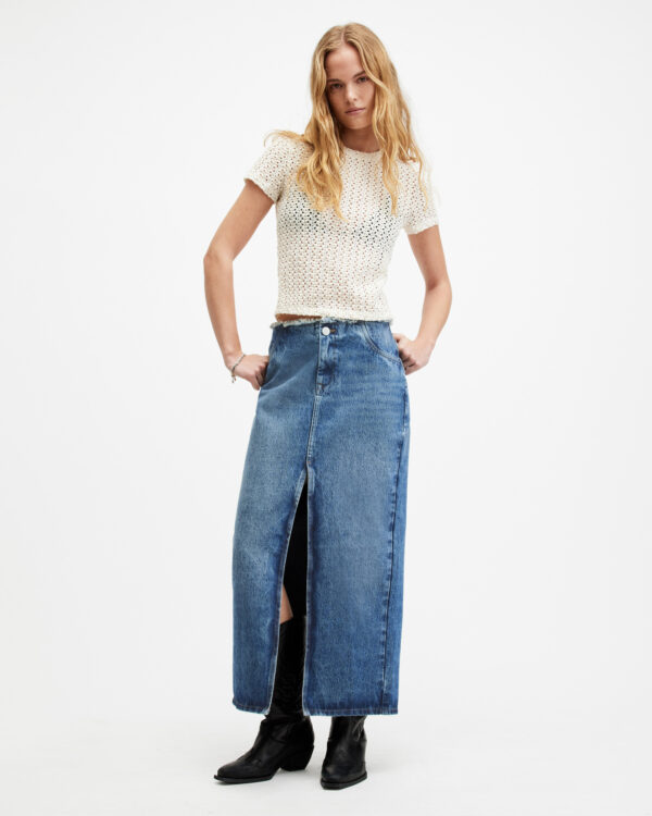 Allsaints Cyra Frayed Waistband Maxi Denim Skirt