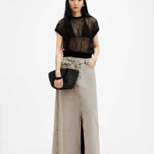 Allsaints Noir Crossover Waist Denim Maxi Skirt