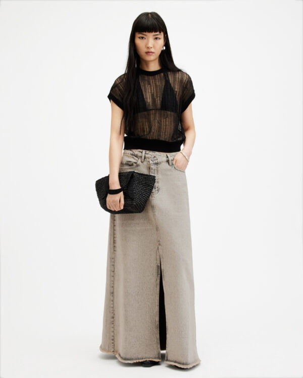 Allsaints Noir Crossover Waist Denim Maxi Skirt