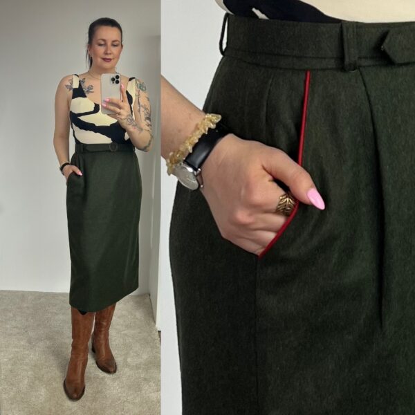 Alpen Trachten Vintage Green Skirt, High Waisted Lined Wool Blend Midi Pencil Skirts Fully Pocketed Size L