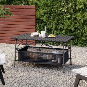 Aluminum Roll-Top Foldable Camp Table with Mesh Shelf